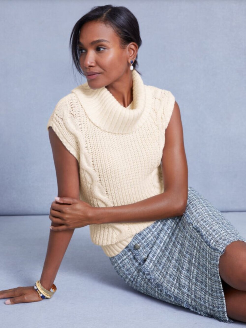 NWT Talbots Ivory Cotton Convertible Cowl Neck Cable Knit Vest Large